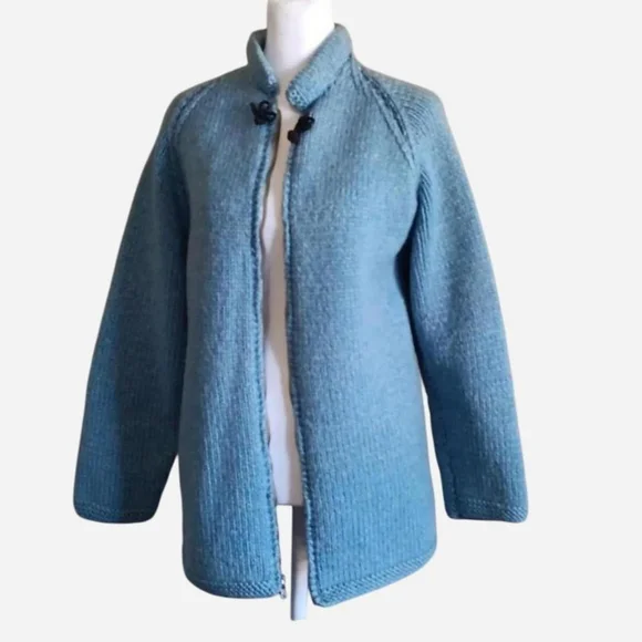 60s 70s Blue Knit Full Zip Cardigan Sweater Jacket, Fall Vintage Winter Knitwear - Picture 3 of 9